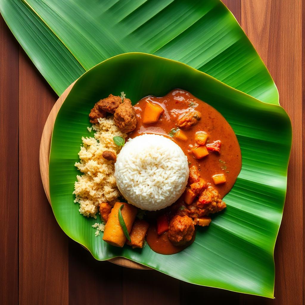 Sri Lankan rice and curry on banana leaf