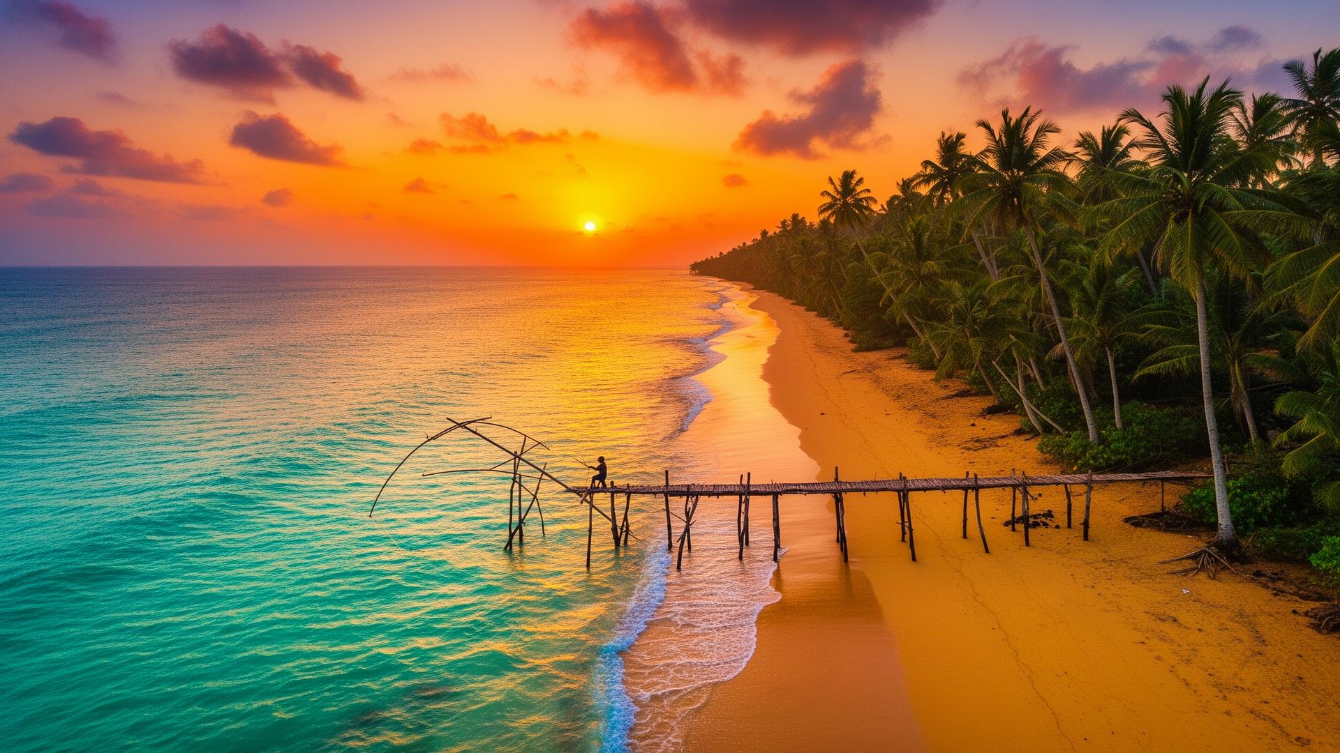 Sunset over a tropical Sri Lankan beach with palm trees